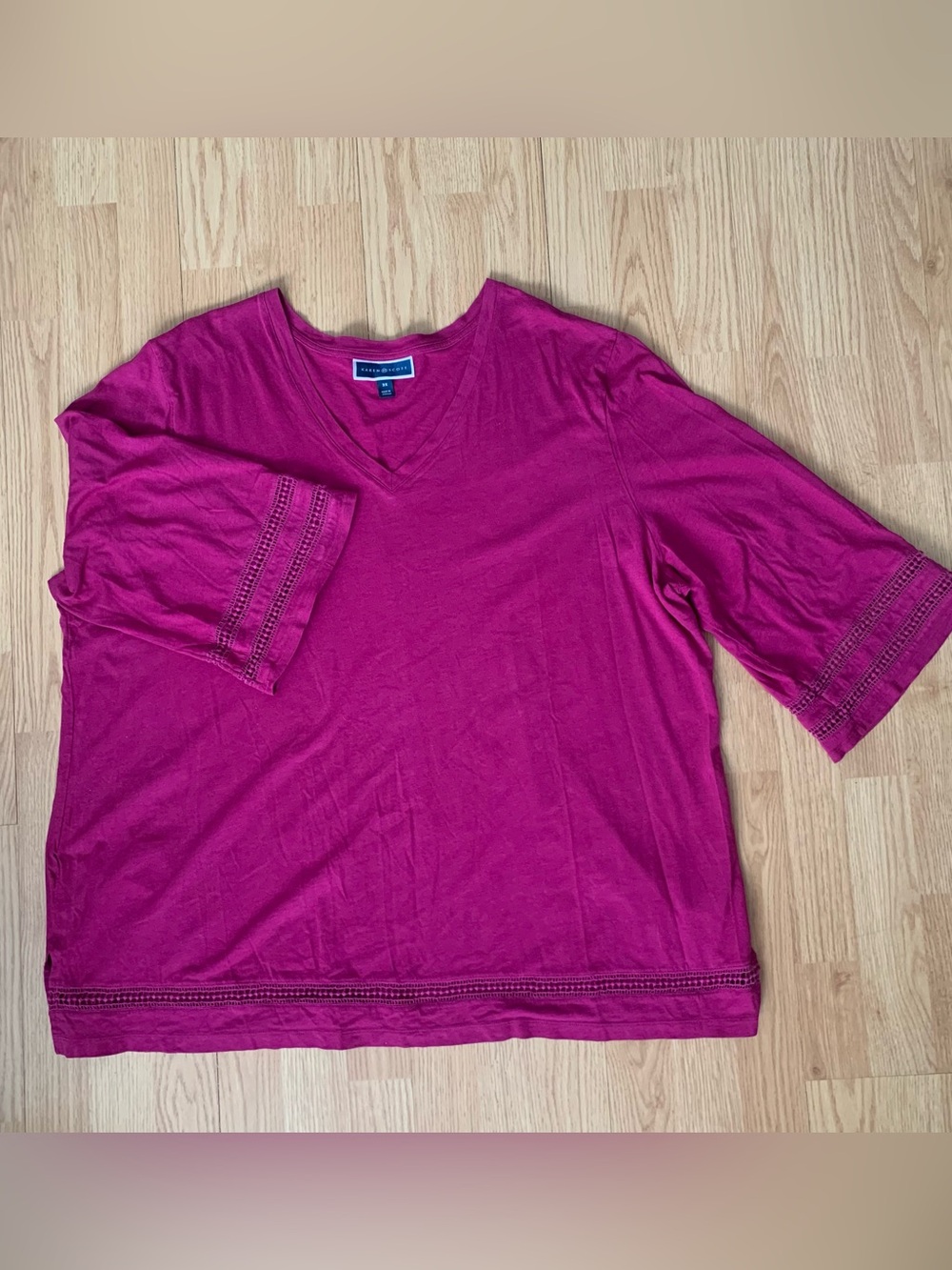 Karen Scott Womens 3X VNeck Lace Trim Burgundy Tunic Top 3/4 Sleeve Cotton Blend
